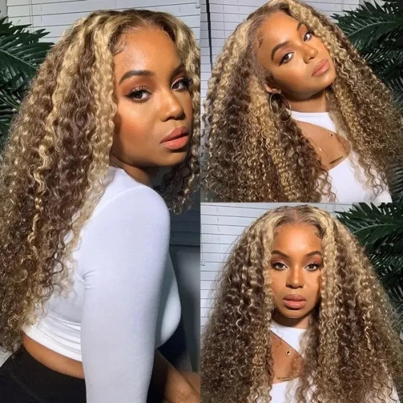 Glueless 6x5 Lace Honey Blonde Piano Highlights Color Deep Wave Curly Human Hair Wig