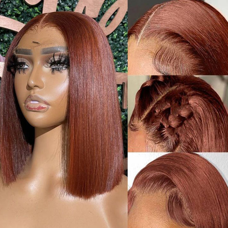 Reddish Brown Auburn Color Straight Short Bob 13x4 Lace Front Human Hair Wigs