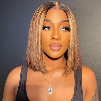 Honey Blonde Bob Style Piano Highlights Color Bob Straight Wigs Human Hair Wig