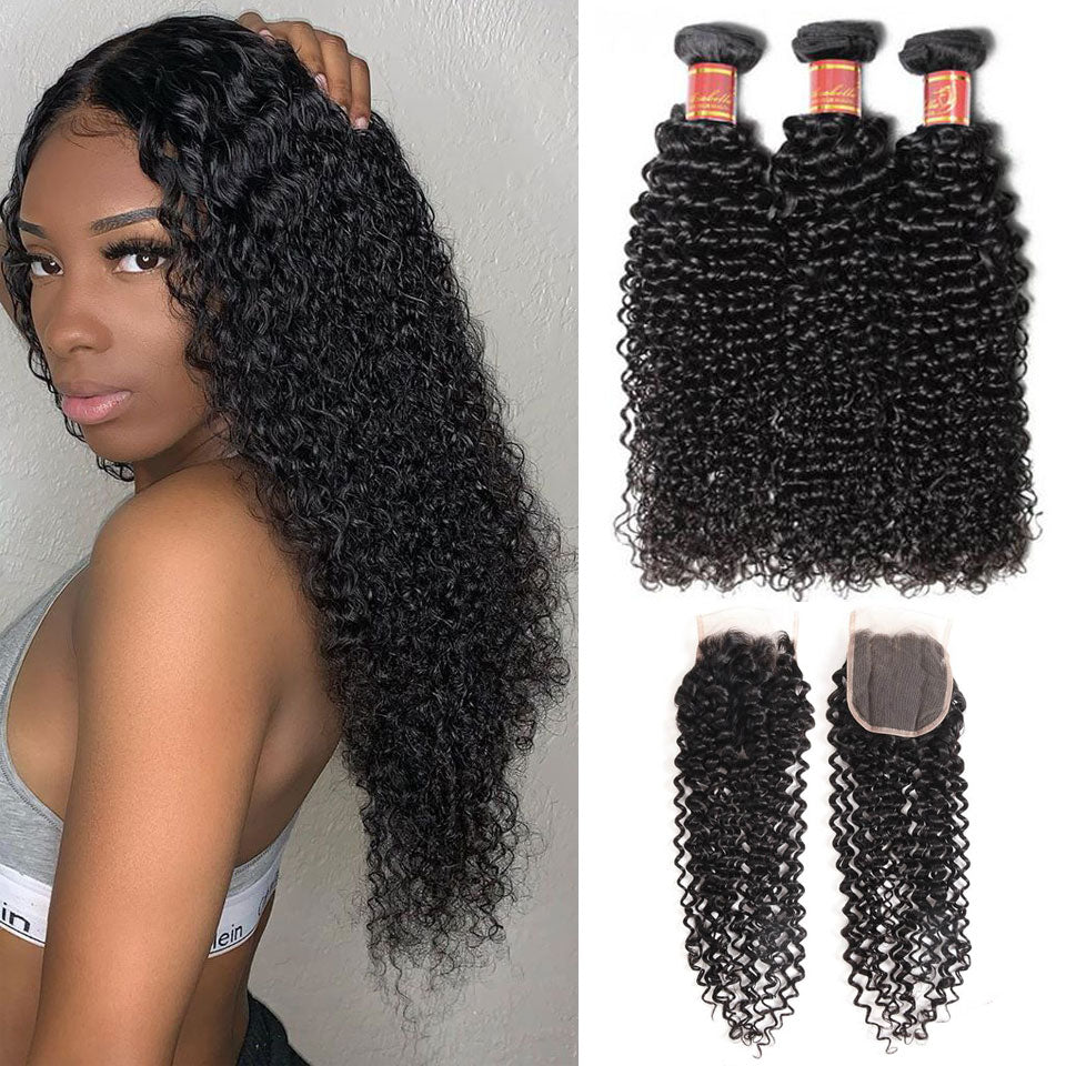 Brazilian Jerry Curly 3 Bundles Hair Weft With 4*4 Lace Closure - arabellahair.com