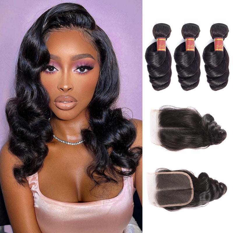 Human hair wig {12A 3Pcs+Closure} Loose Wave Human Hair Bundles With Closure 4x4 Closure With Bundles - arabellahair.com