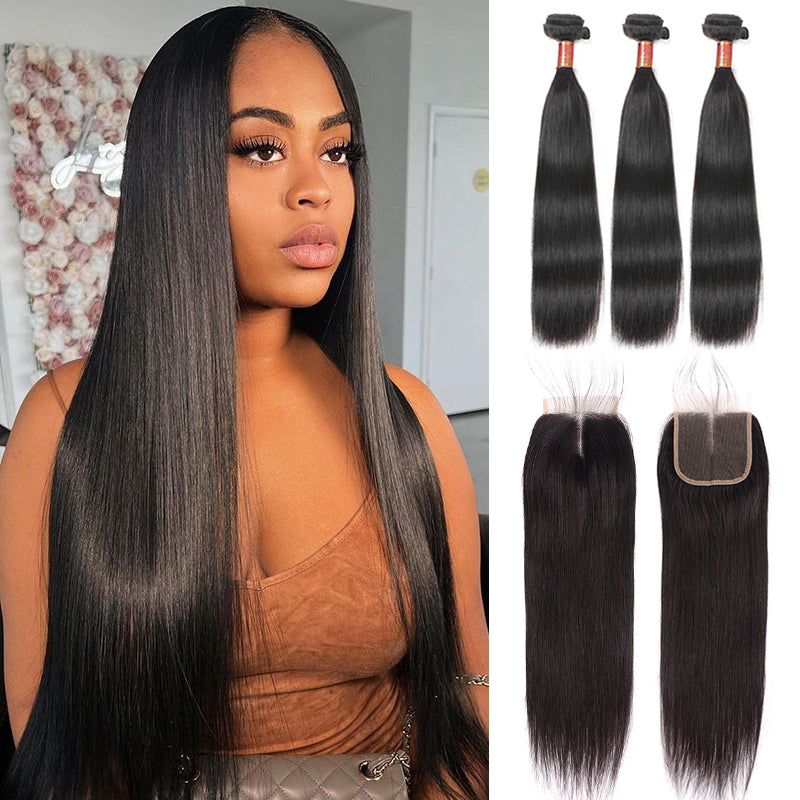 Human hair wig {12A 3Pcs+Closure} Brazilian Straight 3 Bundles Hair With 4x4 Lace Closure Unprocessed Virgin Hair Weave - arabellahair.com