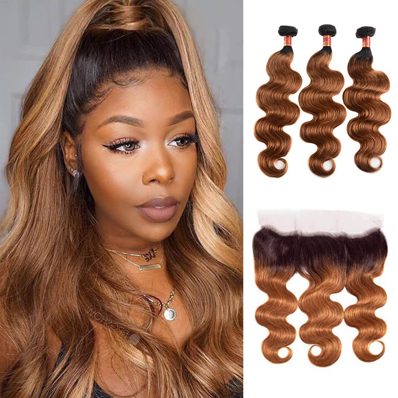{12A 3Pcs+Frontal} T1B/30 3 Bundles Body Wave Human Hair Weaves With 13x4 Lace Frontal Closure