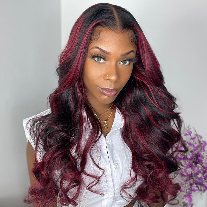 13x4 Lace  Dark Burgundy With Rose Red Highlights Body Wave HD Lace Color Wigs Free Part