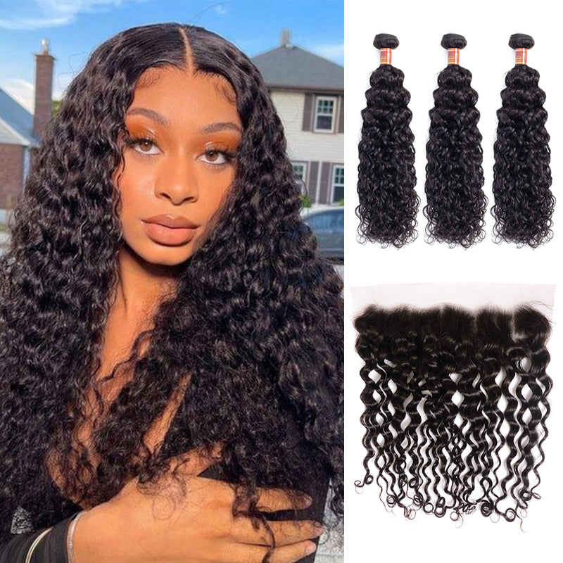 Human hair wig {12A 3Pcs+Frontal} Brazilian Water Wave 3 Bundles Hair Weft With Frontal Closure Unprocessed Virgin Hair Weave - arabellahair.com