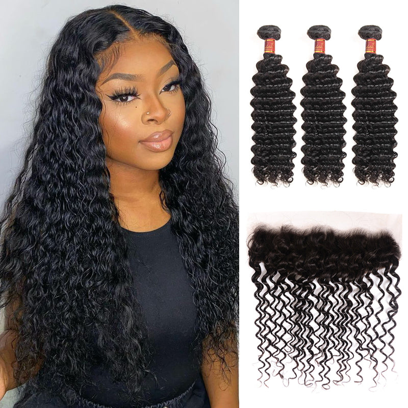 Human hair wig {15A 3Pcs+Frontal} Deep Wave Double Drawn Raw Virgin Human Hair Weave 3 Bundles with  Frontal Closure - arabellahair.com