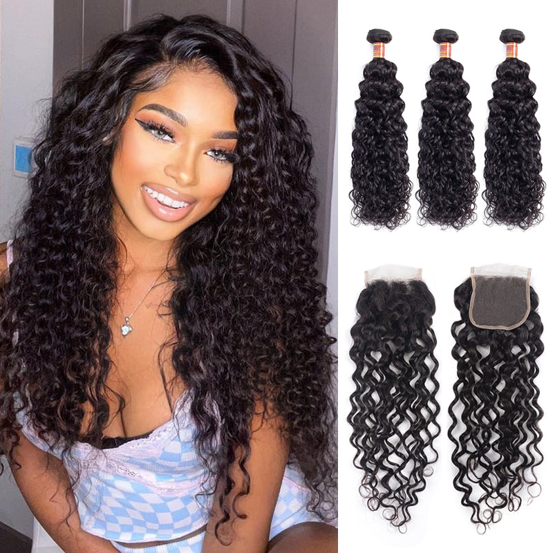 Human hair wig {12A 3Pcs+Closure} Brazilian Water Wave 3 Bundles Hair Weft With 4x4 Lace Closure - arabellahair.com