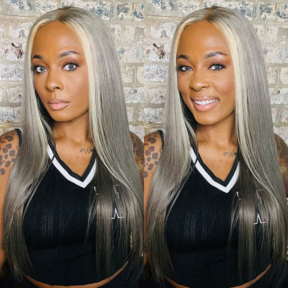 Silver Grey Skunk Stripe Colored Lace Frontal Wigs Straight Highlight Color Style 4x4/13x4 Lace Human Hair