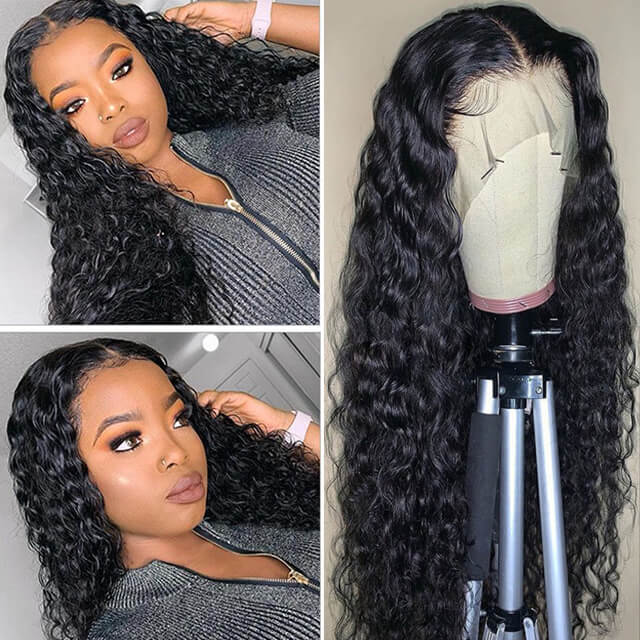 Undetectable Transparent Lace 13*4 Lace Frontal Wig Water Wave 180% Density Human Hair Wigs For Beginners Natual Black Free Part - arabellahair.com