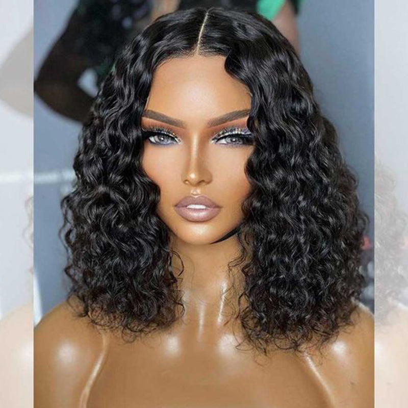 Water Wave Natural Black Short Bob 13x4 Lace Front Human Hair Wig