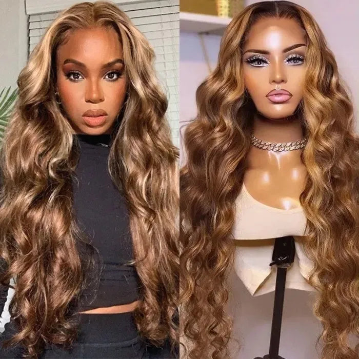 Human hair wig 360 Lace Front Body Wave Wig Honey Blonde Piano Highlights Transparent Human Hair Wigs 180% Density Free Part - arabellahair.com
