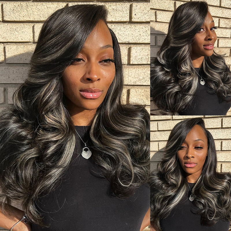 Blowout In Wavy 13x4 Lace Platinum Blonde Highlights Natural Black Mix Color Wig Human Hair Wig
