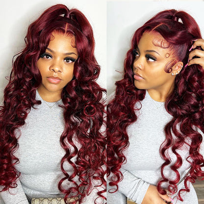 Loose Deep Wave Lace Frontal Burgundy 99J Red Colored Hair Closure Wigs Undetectable Hair Wig Color Wig Glueless