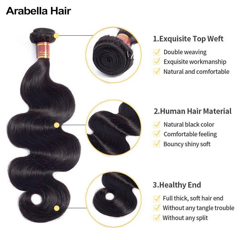 Human hair wig {15A 3Pcs} Double Drawn Full End Body Wave Unprocessed Hair Natural Black 3 Bundles/Pack - arabellahair.com