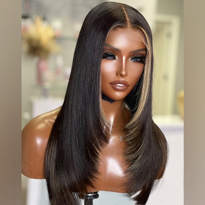 Middle Part Framing Layers Double Drawn Grade Human Hair Natural Black Hair with Blonde Highlights Lace Front Wigs