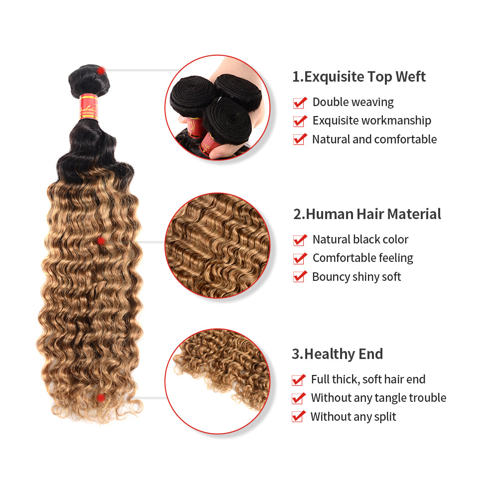 Arabella Unprocessed Brazilian Virgin Ombre T1b/27 Deep Wave 3 Bundles - arabellahair.com