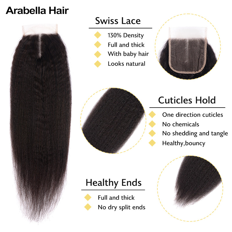 Human hair wig {12A 3Pcs+Closure} Brazilian Yaki Hair Weft 3 Bundles With 4x4 Lace Closure Unprocessed Virgin Hair Weave - arabellahair.com