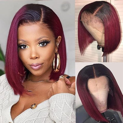 Burgundy Red Color Bob Wigs 4*4 Lace Wigs 1B99J Natural Straight Human Hair Bob Wigs Upgrade Transparent Lace 180% Density - arabellahair.com