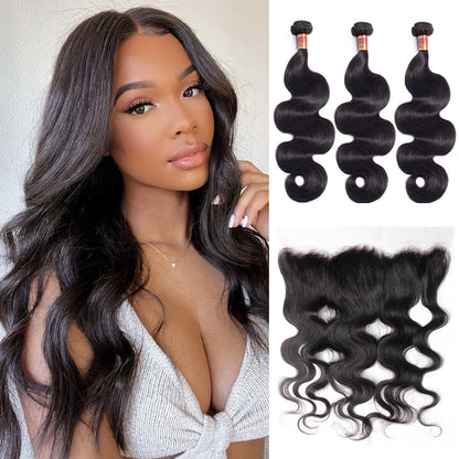 Human hair wig {12A 3Pcs+Frontal} Brazilian Body Wave 3 Bundles Hair Weft With Lace Frontal Closure Human Hair - arabellahair.com