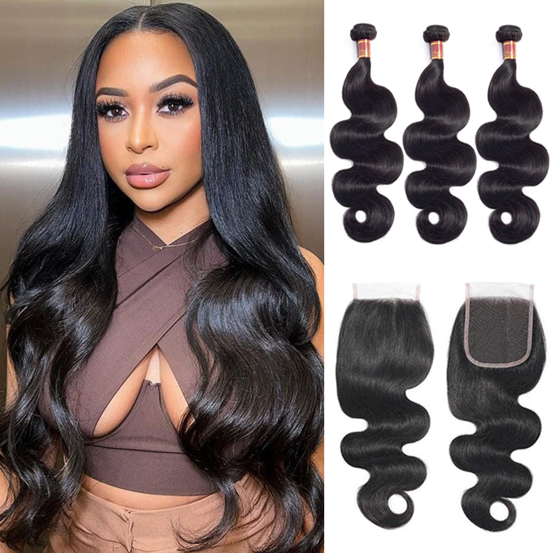 Human hair wig {12A 3Pcs+Closure} Body Wave 3 Bundles Hair With 4x4 Lace Closure 12A Human Hair Unprocessed Virgin Hair Weave - arabellahair.com