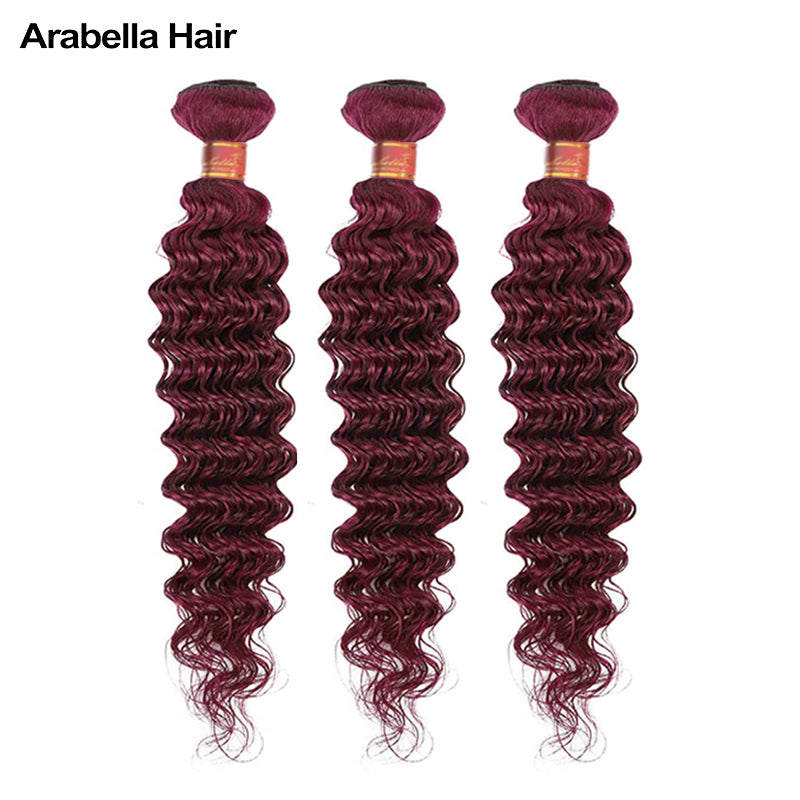{12A 3Pcs} Burgundy 99J Red Color Deep Wave Curly 3 Bundles/Pack Human Virgin Hair Extensions