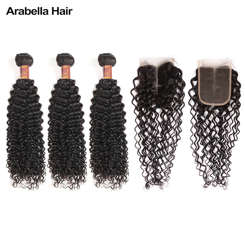 Human hair wig {12A 3Pcs+Closure} Brazilian Jerry Curly 3 Bundles Hair Weft With 4x4 Lace Closure - arabellahair.com