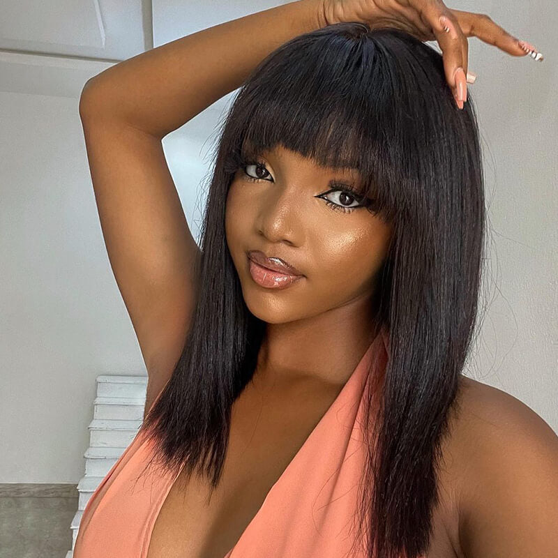 Straight Short Non-Lace Human Hair Bob Wigs with Bangs 180% Density Bob Wigs
