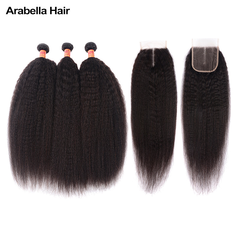 Human hair wig {12A 3Pcs+Closure} Brazilian Yaki Hair Weft 3 Bundles With 4x4 Lace Closure Unprocessed Virgin Hair Weave - arabellahair.com