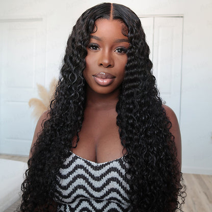 Deep Wave 360 Lace Summer Pick Free Part Human Hair Frontal Wig Natural Black Arabella Hair