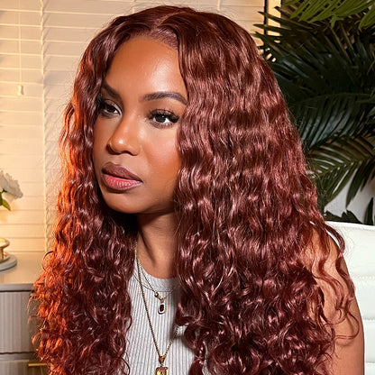 13x4 Lace Water Wave Curly Auburn Reddish Brown Color Wig Copper 