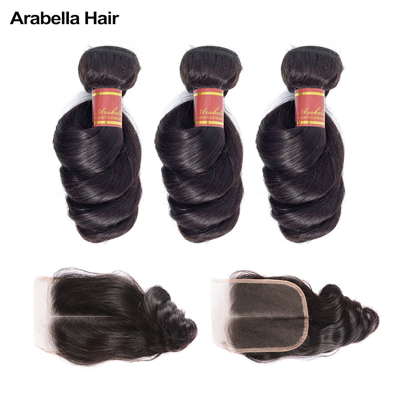 Human hair wig {12A 3Pcs+Closure} Loose Wave Human Hair Bundles With Closure 4x4 Closure With Bundles - arabellahair.com