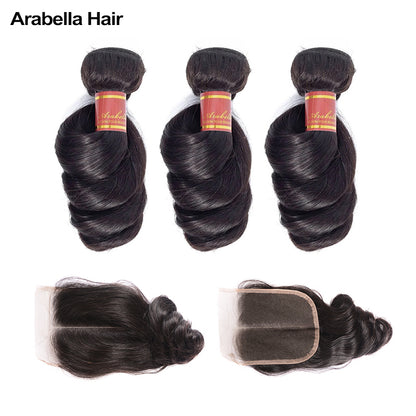 Human hair wig {12A 3Pcs+Closure} Loose Wave Human Hair Bundles With Closure 4x4 Closure With Bundles - arabellahair.com