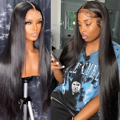 Long Straight 13*6 Inch Lace Frontal Wig 210% Density Natural Black Human Hair Wigs Free Part - arabellahair.com