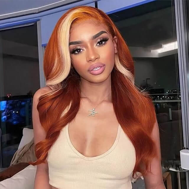 Skunk Stripe Ginger Blonde Ombre Wigs Transparent 13*4 Lace Front Wig Body Wave Lace Frontal Human Hair Wig - arabellahair.com