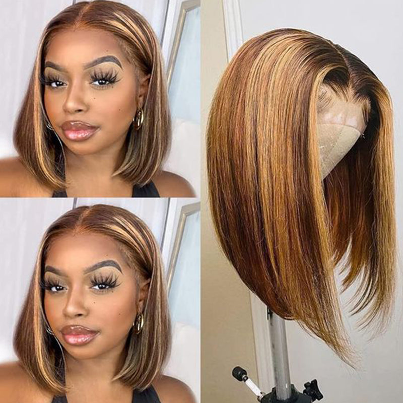 Honey Blonde Highlights Colored Straight Short Bob 13x4 Lace Front Human Hair Wig