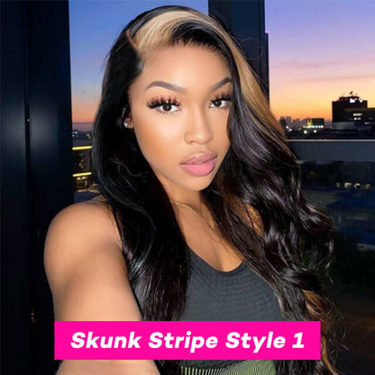 Honey Blonde Skunk Stripe Highlight Colored Wig Loose Wave 13*4 Transparent Lace Frontal Wig New Trendy Human Hair Wigs - arabellahair.com