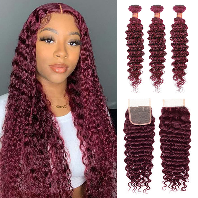 {12A 3Pcs+Closure} Deep Wave 99J Burgundy Red Color Curly 3 Bundles With 4x4 Lace Closure