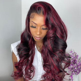 Dark Burgundy With Rose Red Highlights Body Wave HD Lace 13x4 Lace Col ...