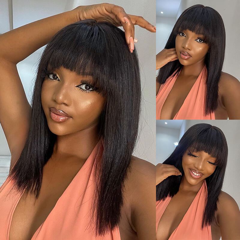 Straight Short Non-Lace Human Hair Bob Wigs with Bangs 180% Density Bob Wigs
