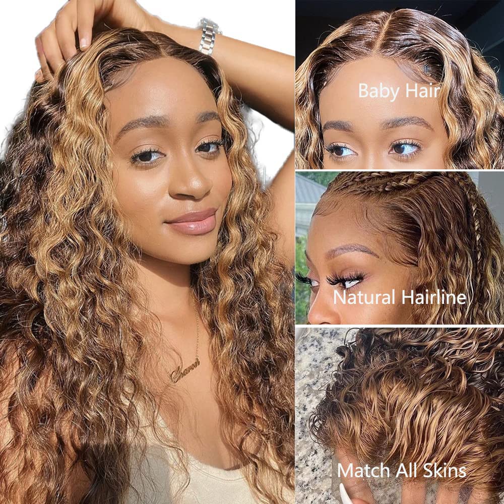 30&quot; Deep Wave Wig Honey Blonde Piano Highlights Color 13*4/13*6 Lace Front 180%/250% Density  Human Hair Wigs Free Part - arabellahair.com