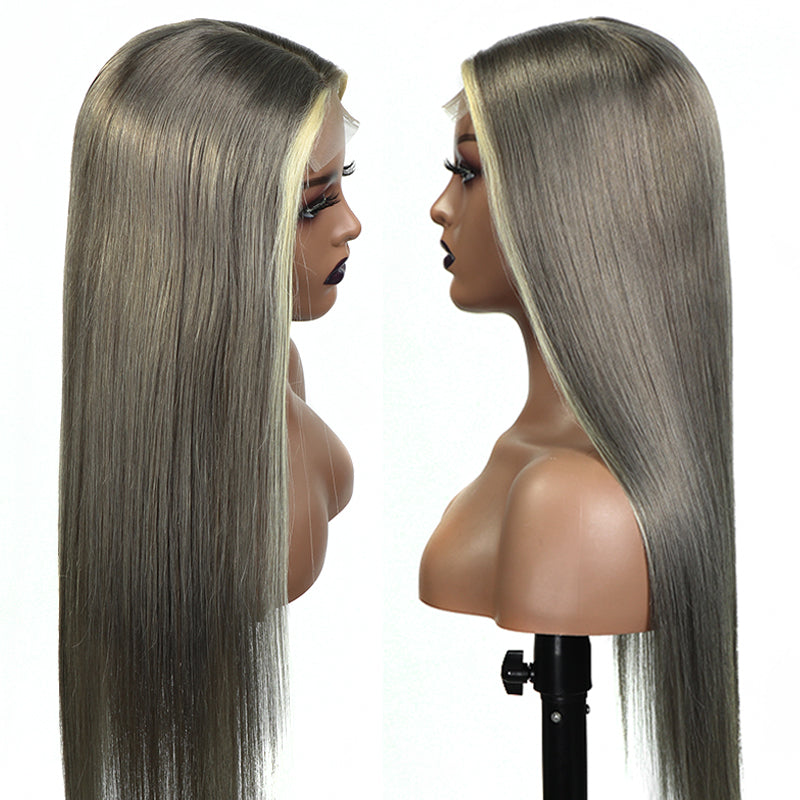Silver Grey Skunk Stripe Colored Lace Frontal Wigs Straight Highlight Color Style 4*4/13*4 Lace Human Hair - arabellahair.com