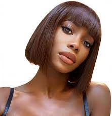 Chestnut Brown Color Bob Wigs With Bangs Straight Short Non-Lace Human Hair Colored Bob Wigs 180% Density Machine Made - arabellahair.com