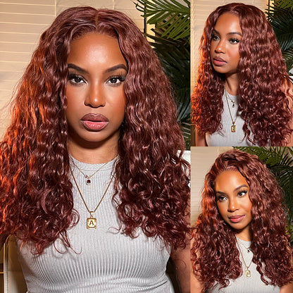 13x4 Lace Water Wave Curly Auburn ReddishBrown Color Wig Copper 