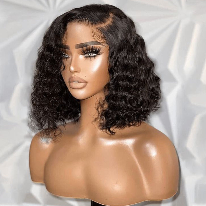 Water Wave Natural Black Short Bob 13x4 Lace Front Human Hair Wig