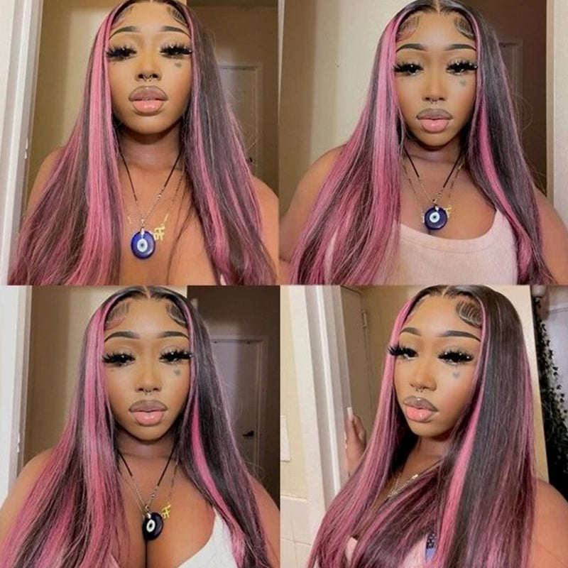 【Bogo Sale】Red Purple Highlights Color Straight 13x4 Lace Front Human Hair Wigs Free Part