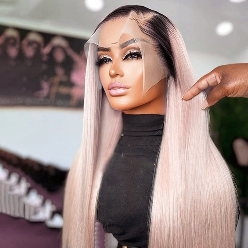 Human hair wig [Pre-Sale] Ombre Natural Blonde Pink Color Wigs 13x4 Lace Frontal Wigs Straight Transaprent Lace Free Part Colored By 613 Blonde Human Hair Wigs - arabellahair.com