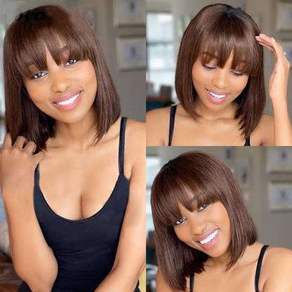 Chestnut Brown Color Bob Wigs With Bangs Straight Short Non-Lace Human Hair Colored Bob Wigs 180% Density Machine Made - arabellahair.com