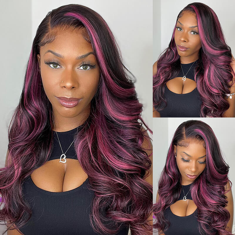 [Clearance Sale] Body Wave/Straight Color Wigs with Red Purple Highlights - Transparent 13x4 Lace Free Part