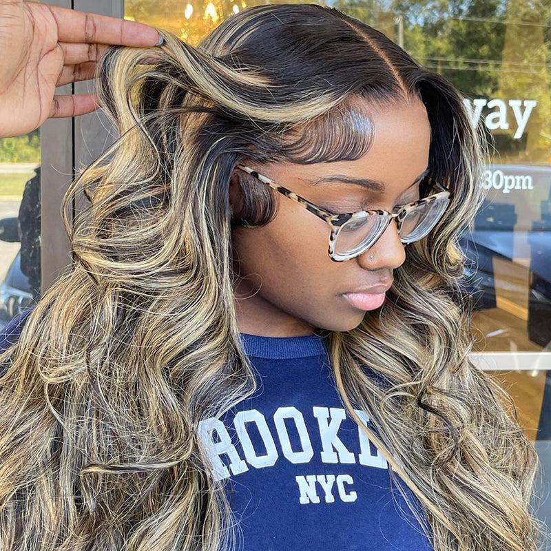 Human hair wig 360 Lace Front Body Wave Wig Balayage Highlights Color Wigs Transparent Human Hair Wigs High Density Free Part - arabellahair.com