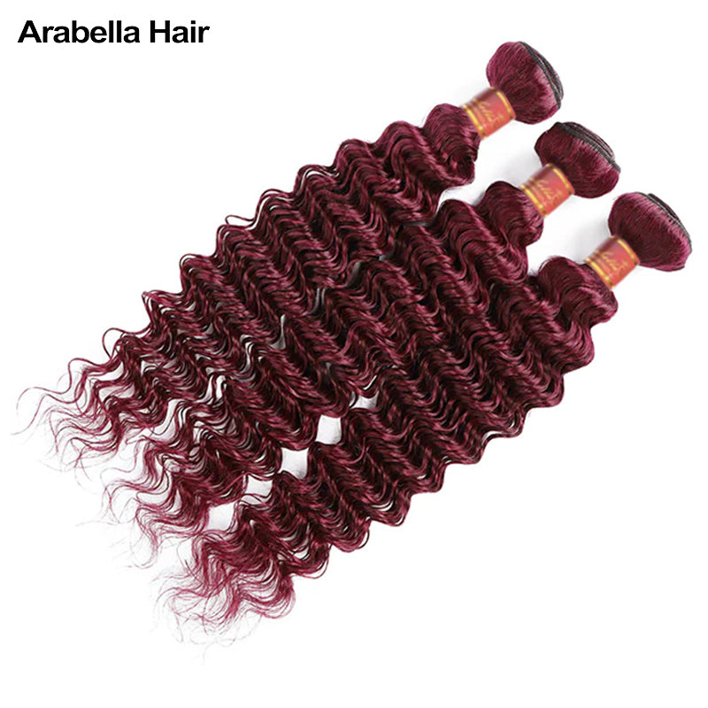 {12A 3Pcs} Burgundy 99J Red Color Deep Wave Curly 3 Bundles/Pack Human Virgin Hair Extensions